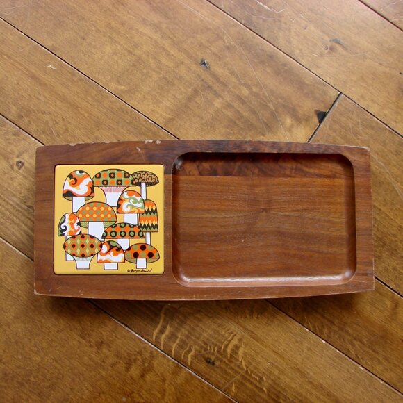 Vintage MCM Wood Charcuterie Cheese Serving Tray Georges Briard Mushroom - Picture 1 of 6